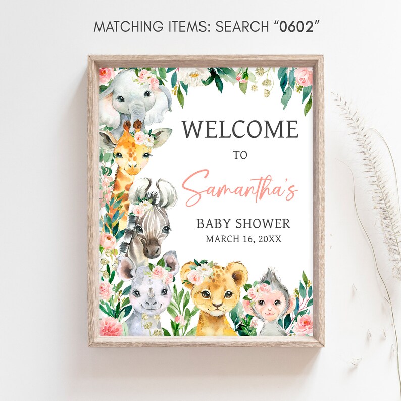 Editable A Little Wild One Jungle Baby Shower Welcome Sign, Girl Jungle Baby Shower Welcome Poster, Greenery Floral Safari Baby Shower, 0602 image 3