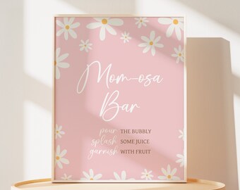 Mom Osa Bar Sign Daisy Baby Shower, Oh Baby Boho Baby Shower Momosa Sign, Groovy Daisy, Retro Daisy Flowers Baby Shower Mimosa Signs, 0633
