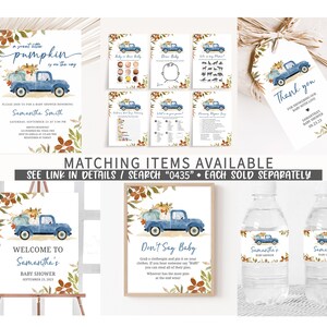 May include: A collection of baby shower stationery featuring a blue pickup truck carrying pumpkins. Items include invitations, games, a welcome sign, and water bottle labels. The text includes "A sweet little pumpkin is on the way" and "Welcome to Samantha's Baby Shower".