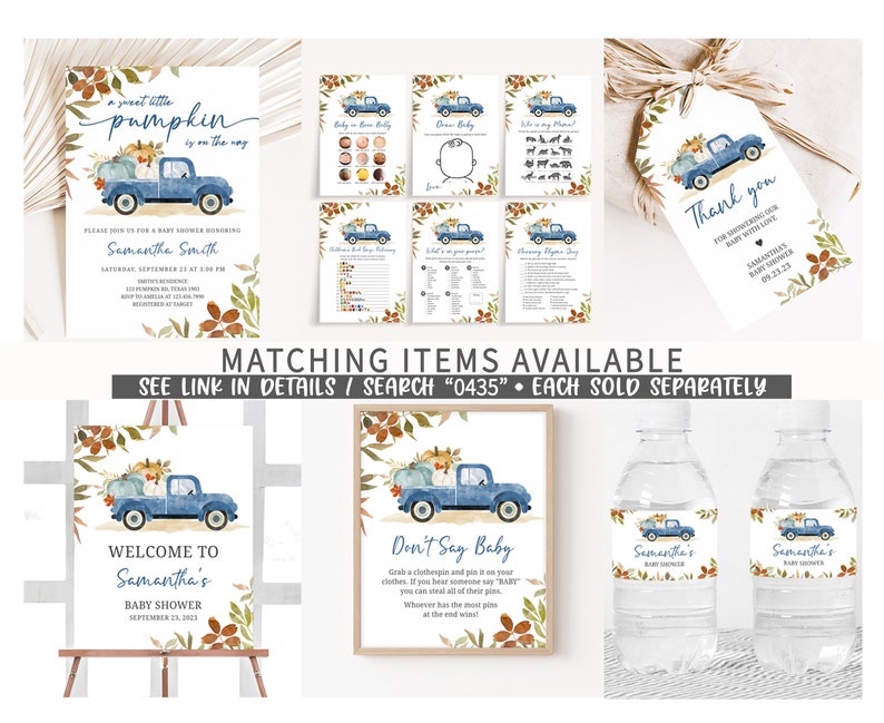 May include: A collection of baby shower stationery featuring a blue pickup truck carrying pumpkins. Items include invitations, games, a welcome sign, and water bottle labels. The text includes "A sweet little pumpkin is on the way" and "Welcome to Samantha's Baby Shower".