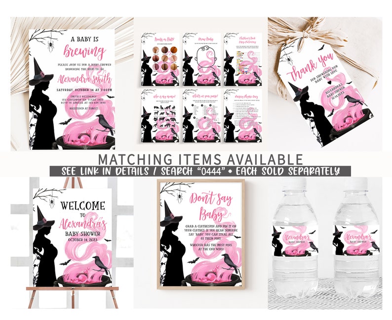 Puede incluir: Una colecci&oacute;n de decoraciones para baby shower con tem&aacute;tica de Halloween. Los dise&ntilde;os presentan una silueta de bruja, un caldero con poci&oacute;n rosa y el texto "A Baby is Brewing". Incluye invitaciones, juegos, un letrero de bienvenida, etiquetas para botellas de agua y tarjetas de agradecimiento.