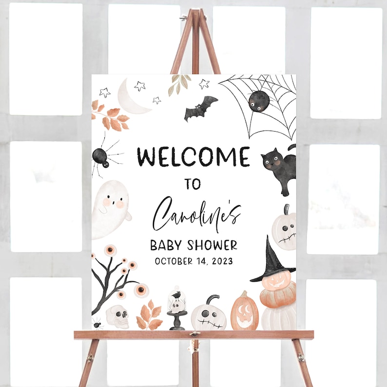 Halloween Theme with Spooky Spider, Pumpkins, Bats, Cats, Skull and Ghost Design Baby Shower Welcome Sign