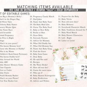 K&ouml;nnte beinhalten: Ein druckbarer Satz von Babyparty-Spielen mit einem rosa und gr&uuml;nen Blumenmuster. Die Spiele beinhalten "How Big is Mommy's Belly?", "What's in the Diaper Bag", "Old Wives Tales", "Celebrity Baby Names", "Nursery Rhyme Quiz", "Baby Name Race", "Word Scramble", "Animal Pregnancy", "The Price is Right", "Bingo", "What's in your purse?", "Who knows Mommy best?", "Guess who Mommy or Daddy?", "Who is my Mama", "Children's Book Emoji Pictionary", "Who knows Daddy best?", "Baby Around the World", "Baby ABC", "Baby Shower Memory Game", "Time Capsule", "Over or Under", "Baby Traits", "Would Mommy Rather", "What's on your Phone?", "First Year Bucket List", "Pregnancy Candy Match", "Dad Jokes", "Name that Baby Tune", "Oh Baby Mad Libs", "Guess The Baby Food", "Baby or Beer Belly", "Boobs or Butt", "Draw Baby", "Fairytale Parents", "Advice for Mommy", "What Did Daddy Say", "What Did Mommy Say", "Name that Baby Song", "Find the Guest", "Baby Item Game", "Dear Baby", "He said She said", "Recipes", "My Water Broke!", "How old was she?", "Guess the sweet mess", "Who am I?", "Baby Shower Scattegories", "Baby Predictions", "Advice and Wishes", "Prayers for the Baby", "Baby Trivia", "How old were they?", "Baby Memory", "Storybook Character Match", "Baby Traditions Around the World", "Baby Word Match", "Baby Shower Characters", "Left - Right", "Labor or Lovin'".