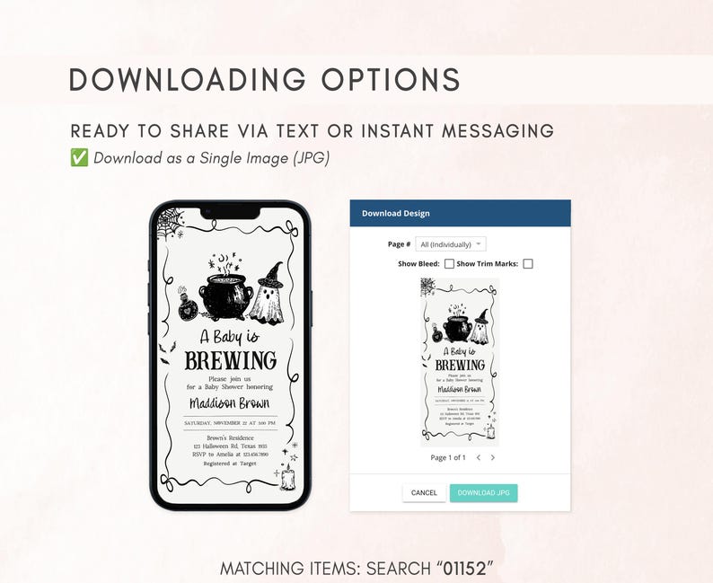 The image is a smartphone displaying a Halloween-themed invitation for a baby shower.