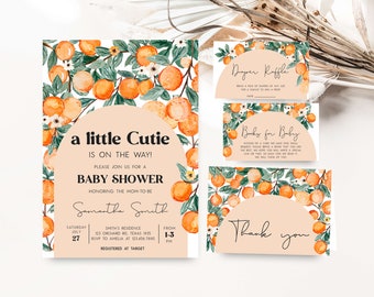 May include: Orange blossom baby shower invitation with a peach background and the text "a little cutie is on the way!"  Please join us for a baby shower honoring the mom-to-be Samantha Smith.  Saturday, July 27 from 1-3 pm.  Smith's Residence 123 Orchard Rd, Texas 1935.  RSVP to Amelia at 123-456-7890.  Registered at Target.