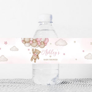 Étiquette modifiable pour biberon fille ours rose, Étiquette d'eau pour baby shower On peut attendre longtemps, Stickers bouteille fille ours ballon rose, 0507