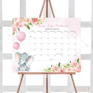 Bearbeitbarer Blush Pink Elefant-Babypartykalender, Fälligkeitskalender für Mädchen-Baby-Elefanten, Pink Floral Geburtstagsvorhersagen Spielvorlage 0233