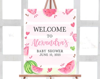 Signo de bienvenida de baby shower de sandía rosa editable, signo de bienvenida de baby shower de niña de sandía, plantilla imprimible de decoración de fiesta de sandía 0266