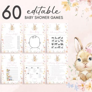 Editable Pink Floral Bunny Baby Shower Games Bundle, It&#39;s a Girl Somebunny Baby Shower Game Pack, Floral Rabbit Baby Shower Games, 01008