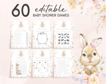 Editable Pink Floral Bunny Baby Shower Games Bundle, It's a Girl Somebunny Baby Shower Game Pack, Floral Rabbit Baby Shower Games, 01008
