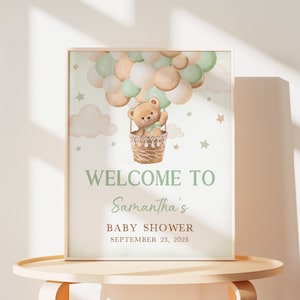 Bearbeitbares Grünbär-Babyparty-Willkommensschild, Wir können Bärenbabyparty-Willkommensplakat warten, geschlechtsneutral Boho Bear-Babypartyschild 0414