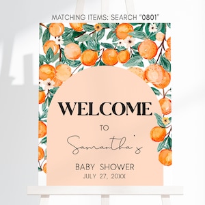 Editable Greenery Orange Baby Shower Welcome Sign, A Little Cutie Is On The Way Baby Shower Welcome Poster, Citrus Baby Shower Sign, 0801