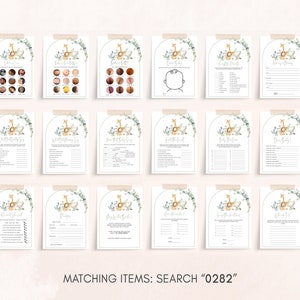 May include: A set of 12 printable baby shower game cards featuring a giraffe illustration with floral accents. The cards include games like "Guess the Baby Food", "Who Knows Mummy Best", and "Baby Bingo".