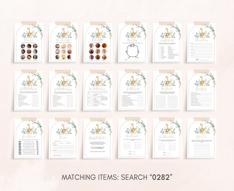 May include: A set of 12 printable baby shower game cards featuring a giraffe illustration with floral accents. The cards include games like "Guess the Baby Food", "Who Knows Mummy Best", and "Baby Bingo".
