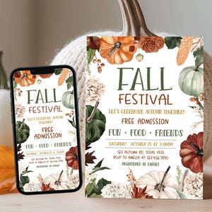 以下が含まれることがあります： 秋のフェスティバルをテーマにしたスマートフォンと招待状。招待状には、水彩画のカボチャ、トウモロコシ、花が描かれています。「Fall Festival」、「Free Admission」、イベントの詳細などのテキストが含まれています。