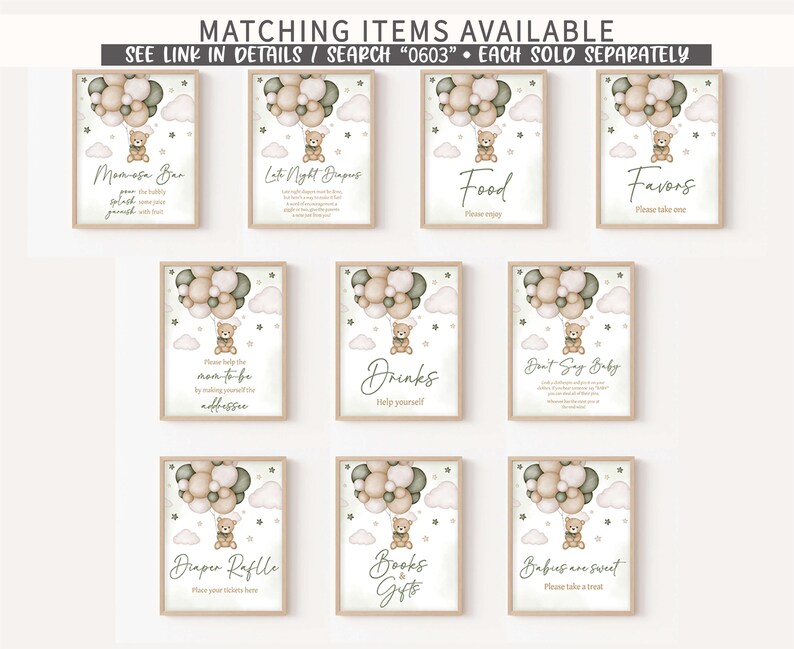 May include: Nine printable signs for a baby shower with a woodland theme. Each sign features a cute cartoon bear holding balloons and a cloud background. The signs include: "Momega Bar", "Late Night Diapers", "Food", "Favors", "Please help the mom-to-be by making yourself the addressee", "Drinks", "Don't Say Baby", "Diaper Raffle", "Books & Gifts", and "Babies are sweet".