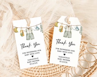 Bearbeitbare Babyparty Favor Tag, Boho Wäsche lokal gewachsene Babyparty Geschenkanhänger, Junge Bauernmarkt Baby Dankeschön Tags, 01081