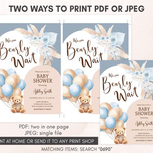Editable Bear Baby Shower Invitation, We Can Bearly Wait Boho Baby Shower Invite, Blue Balloon Arch Boy Baby Shower Invitation Template 0690 image 3