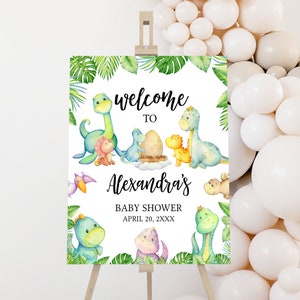 Cartello di benvenuto modificabile per baby shower dinosauro, poster di benvenuto per baby shower dinosauro, dinosauri di genere neutro, baby shower, dinosauro verde, 0667