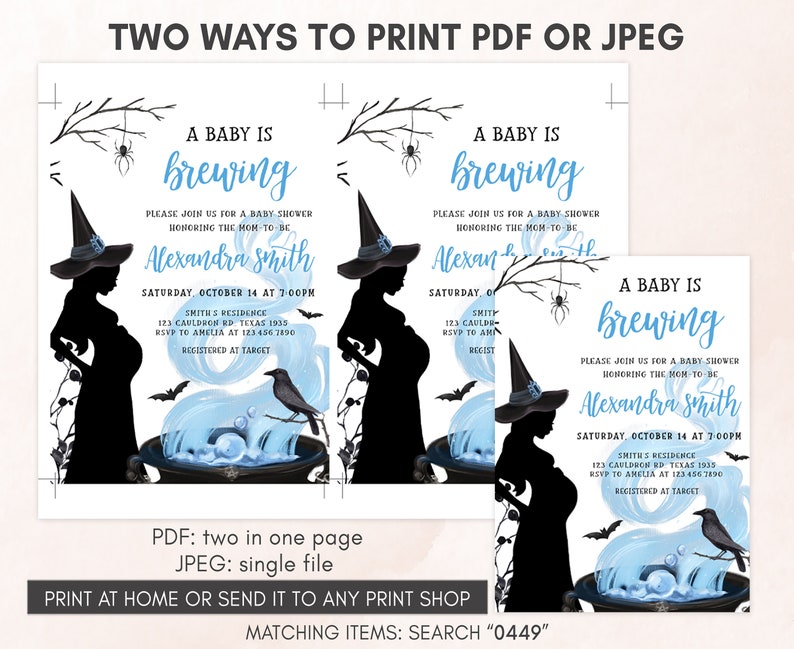 Bewerkbaar A Baby is Brewing Halloween babyshower uitnodigingsbundel, jongen Halloween babyshower uitnodigingsset, heks babyshower uitnodigingspakket 0449 afbeelding 4