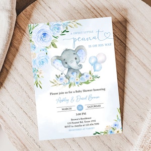 Paquete de invitación editable de baby shower de elefante azul, conjunto de invitación de baby shower con globo de elefante niño, invitación de baby shower de niño con globo azul, 0617 imagen 3