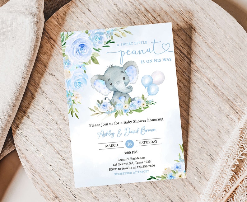 Paquete de invitación editable de baby shower de elefante azul, conjunto de invitación de baby shower con globo de elefante niño, invitación de baby shower de niño con globo azul, 0617 imagen 3