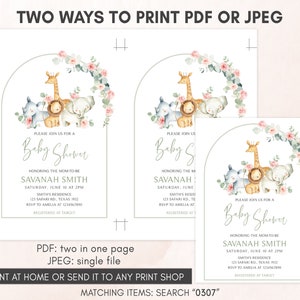 May include: Two printable baby shower invitations featuring a jungle animal theme with a giraffe, lion, elephant, and rhino. The invitations are decorated with pink and green floral accents. The text on the invitations reads "Please join us for a Baby Shower" and "Honoring the Mom-to-be Savannah Smith".