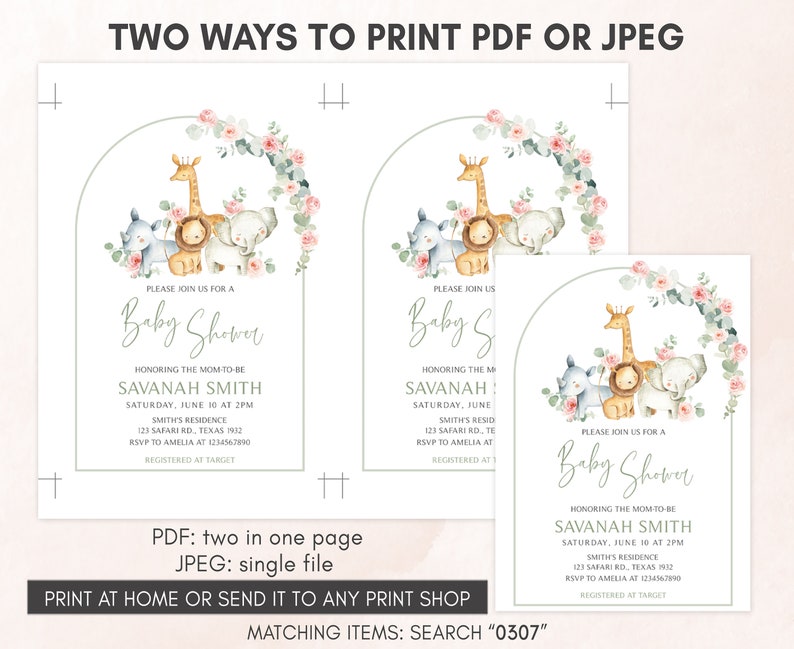 May include: Two printable baby shower invitations featuring a jungle animal theme with a giraffe, lion, elephant, and rhino. The invitations are decorated with pink and green floral accents. The text on the invitations reads "Please join us for a Baby Shower" and "Honoring the Mom-to-be Savannah Smith".