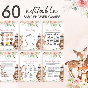 May include: A set of 60 printable baby shower games featuring a woodland theme with cute animal illustrations. The games include "Baby or Beer Belly", "Draw Baby", "Who is my Mama?", "Children's Book Emoji Dictionary", "What's in your Purse?", and "Nursery Rhyme Quiz".