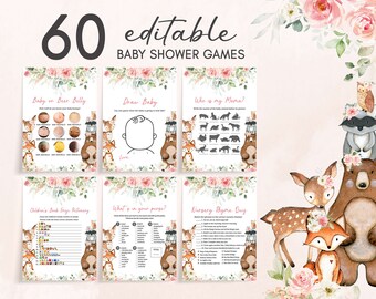 Bewerkbare bundel met bloemen bos babyshower spelletjes, meisje bos babyshower spel pakket, roze bloemen bos dieren baby spelletjes sjabloon 0397
