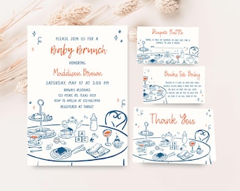 Editable Baby Brunch Baby Shower Invitation Bundle, Hand Drawn Whimsical Baby Shower Invite Set, Handwritten Brunch Baby Shower Invite 01057
