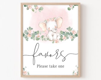 Elephant Baby Shower Favors Sign Girl, Baby Elephant Favors Sign Girl Baby Shower, Pink Elephant Eucalyptus Printable Decor Template 0164