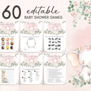 Lot de jeux de baby shower éléphant fille, pack de jeux d'activités baby shower de bébé éléphant, modèle imprimable 0164 éléphant rose eucalyptus