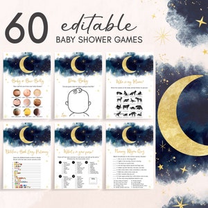 Editable We Are Over The Moon Baby Shower Games Bundle, Boy Moon and Stars Baby Shower Game Pack, Twinkle Little Star Game Template, 0751
