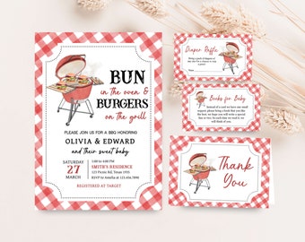 Editable BBQ Baby Shower Invitation Bundle, Bun In The Oven and Burgers On The Grill Baby Shower Invite Set, Baby-Q Couples Baby Shower 0741