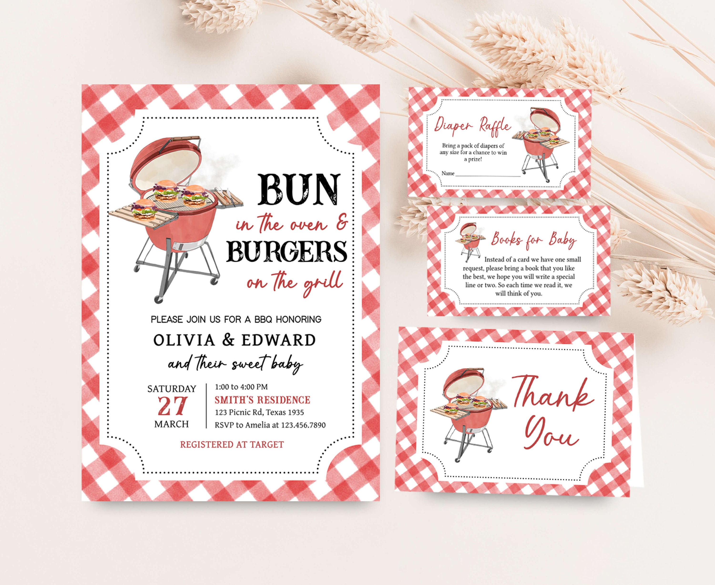 Editable BBQ Baby Shower Invitation Bundle, Bun In The Oven and Burgers On The Grill Baby Shower Invite Set, Baby-Q Couples Baby Shower 0741
