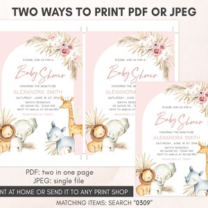 Peut inclure: Invitation de f&ecirc;te pr&eacute;natale rose et blanche sur le th&egrave;me de la jungle. L'invitation repr&eacute;sente une girafe, un lion, un &eacute;l&eacute;phant et un rhinoc&eacute;ros. Le texte sur l'invitation est le suivant : "Veuillez vous joindre &agrave; nous pour une f&ecirc;te pr&eacute;natale en l'honneur de la future maman Alexandra Smith. Samedi 10 juin &agrave; 14h00. R&eacute;sidence Smith 123 Safari Rd, Texas 1932. RSVP &agrave; Amelia au 1234567890. Enregistr&eacute; chez Target."