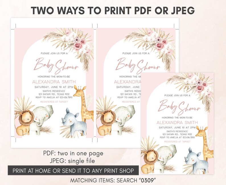 Peut inclure: Invitation de f&ecirc;te pr&eacute;natale rose et blanche sur le th&egrave;me de la jungle. L'invitation repr&eacute;sente une girafe, un lion, un &eacute;l&eacute;phant et un rhinoc&eacute;ros. Le texte sur l'invitation est le suivant : "Veuillez vous joindre &agrave; nous pour une f&ecirc;te pr&eacute;natale en l'honneur de la future maman Alexandra Smith. Samedi 10 juin &agrave; 14h00. R&eacute;sidence Smith 123 Safari Rd, Texas 1932. RSVP &agrave; Amelia au 1234567890. Enregistr&eacute; chez Target."