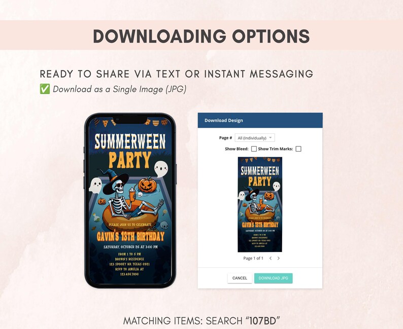 The image is a screenshot of a Halloween-themed birthday party invitation for Gavin's 13th birthday. The invitation features a skeleton, jack-o-lantern, and other Halloween-related elements. The invitation is available for download as a single image, and it includes options for sharing via text or instant messaging.