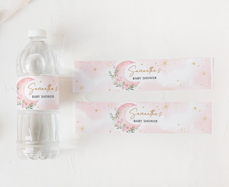 Editable Pink Moon and Stars Baby Shower Bottle Label, We Are the Moon ...