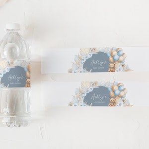 Editable Boy Bear Boho Baby Shower Bottle Label, Blue Balloon Bear Baby Shower Water Labels, We Can Bearly Wait Water Bottle Stickers, 0691 image 3