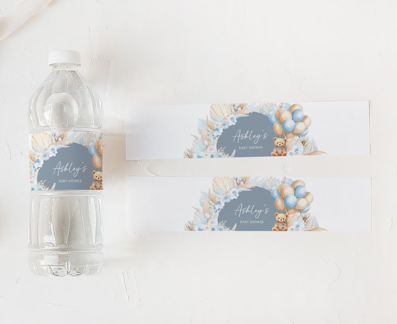 Editable Boy Bear Boho Baby Shower Bottle Label, Blue Balloon Bear Baby Shower Water Labels, We Can Bearly Wait Water Bottle Stickers, 0691 image 3