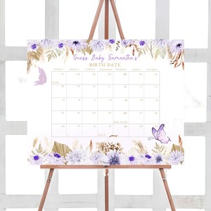 Bearbeitbarer Boho Schmetterlings-Baby-Party-Kalender, Lila Schmetterlings-Party-Datumskalender, Boho-Baby-Schmetterlinge Druckbare Vorlage 0232
