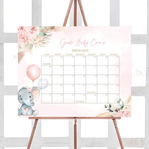 Editable Boho Elephant Baby Shower Due Date Calendar, Girl Pink Elephant Baby Shower Calendar, Pink Floral Pampas Grass Baby Shower, 0619 image 1