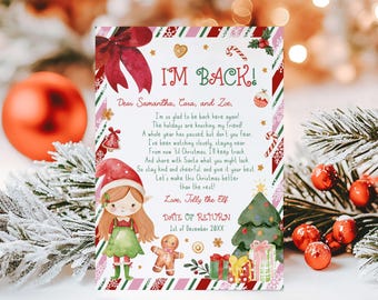 Bearbeitbarer Elf-Ankunftsbrief, Elf-Willkommensbrief, I'm Back Weihnachtsbrief für Kinder, Elf-Rückbrief, Elf-Mädchen-Hellhaut-braunes Haar, 73SE