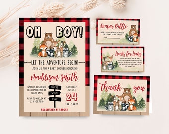 Editable Lumberjack Baby Shower Invitation Bundle, Woodland Lumberjack Baby Shower Invite Set, Woodland Animals Boy Baby Shower Invite, 0860