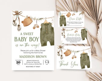 Editable Baby Clothes Boho Baby Shower Invitation Bundle, Rustic Sweet Baby Boy Baby Shower Invite, Green Boho Baby Shower Invite Set, 01045
