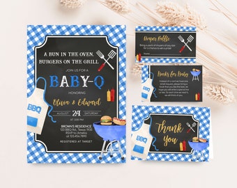 Bearbeitbares Baby-Q-Babyparty-Einladungspaket, Grillpaar-Hinterhof-Babyparty-Einladungssatz, Brötchen im Ofen Gingham-Babyparty, 0842