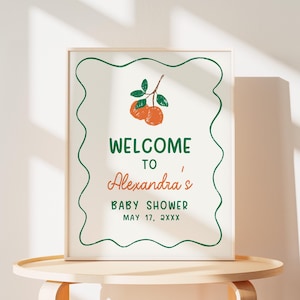 Bearbeitbar A Little Cutie ist auf dem Weg Babyparty Willkommensschild, Orange Babyparty Willkommensplakat, Neutrales Citrus Babypartydekor, 01056