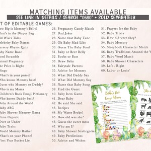May include: A printable list of 60 baby shower game ideas, with a jungle theme. The list includes games like "How Big is Mommy's Belly?" and "Baby Shower Characters". The games are printed on a white background with green and pink illustrations of dinosaurs and tropical leaves.